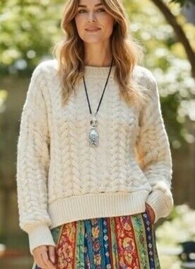 NWOT KBB Chunky Off White Open Cable Knit Sweater Women's Sz L Textured Plush